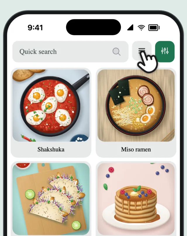 The recipe collection, with a finger on the view button