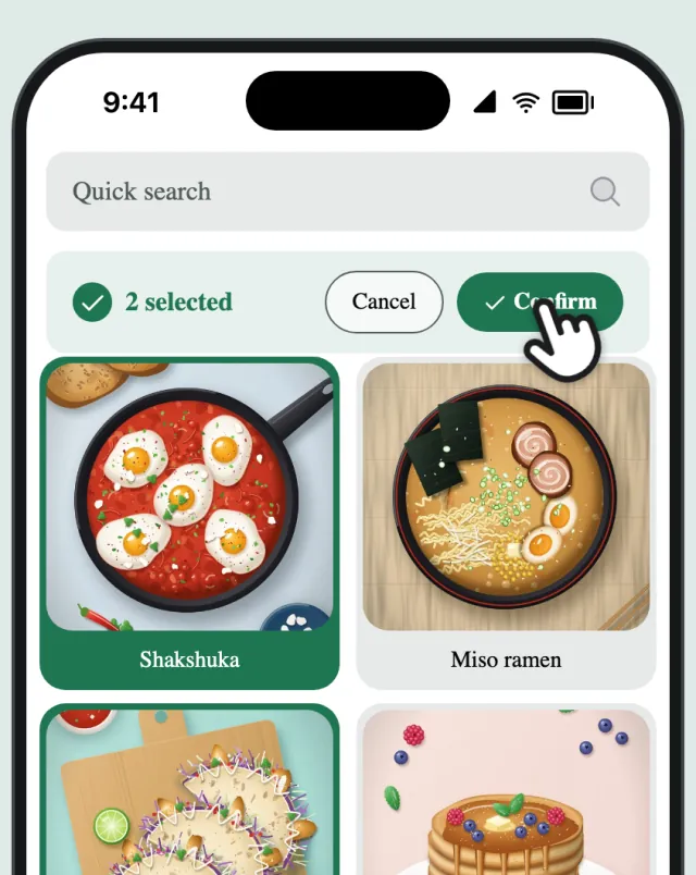 Two recipes selected, with a finger on Confirm