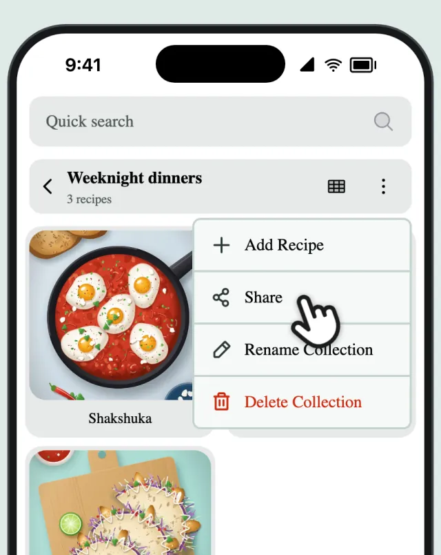 The collection menu, with a finger on Share