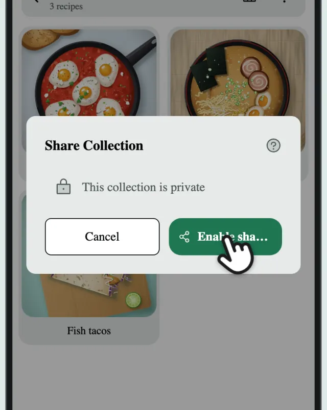 The Share Collection box saying the collection is private, with a finger on Enable sharing