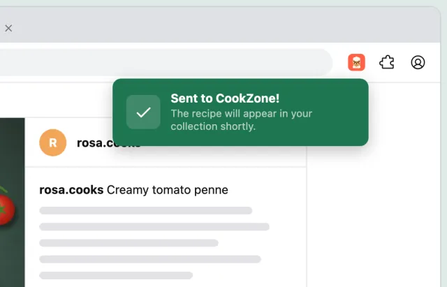 The CookZone extension showing Sent to CookZone
