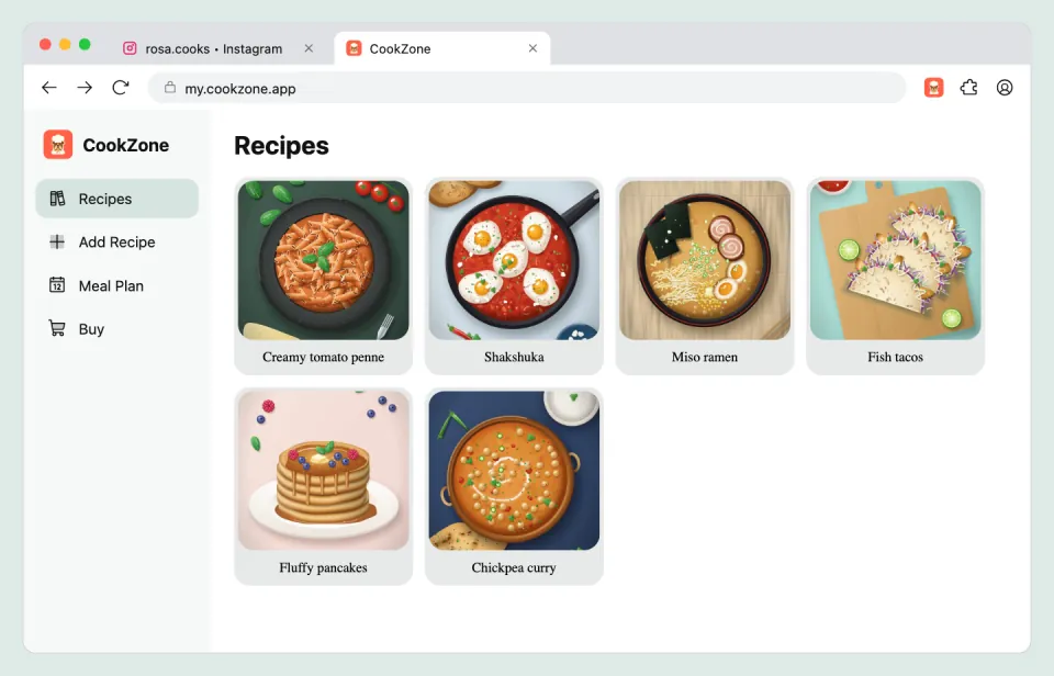 CookZone open in the browser, with the recipe in the collection