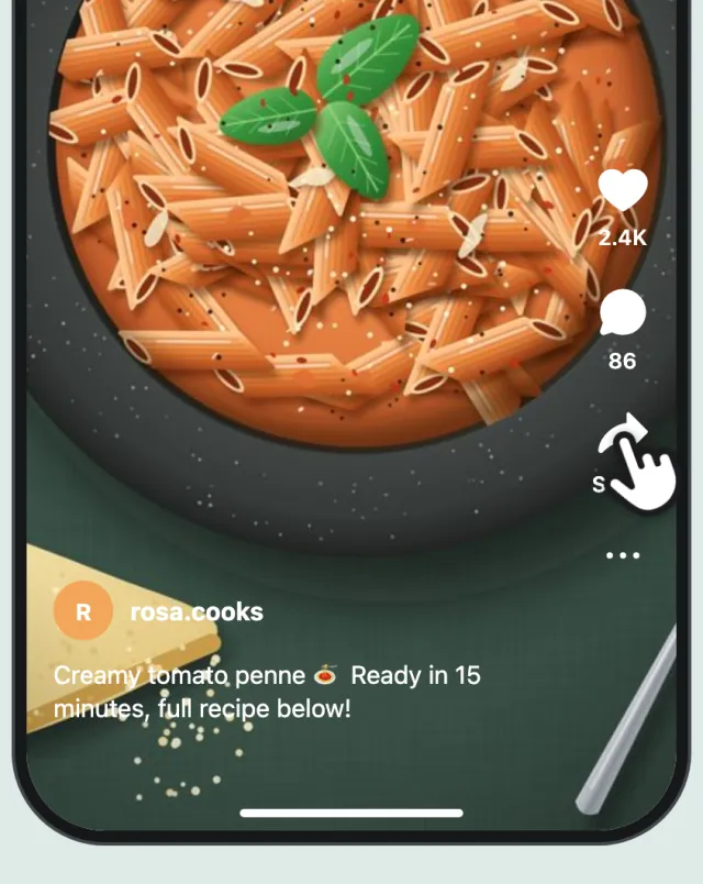 A recipe reel open on a phone, with a finger on the share button