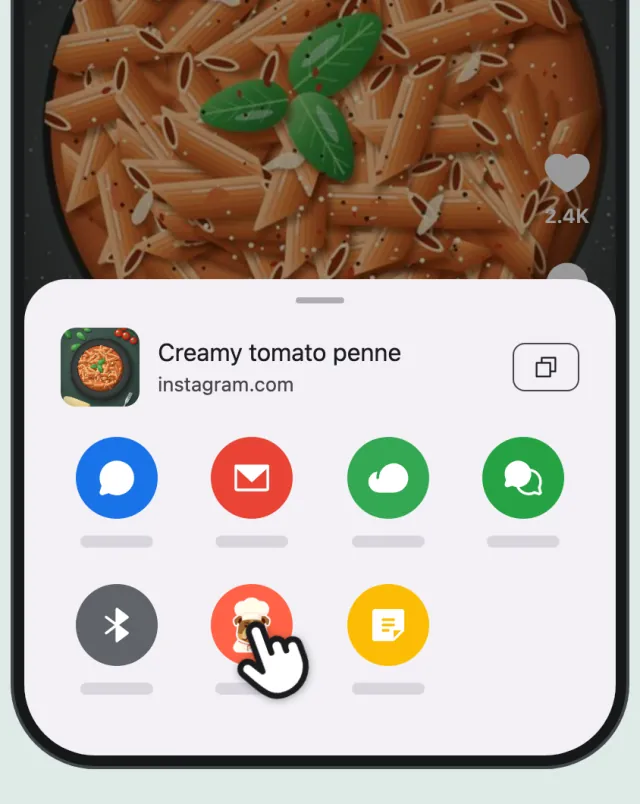 The Android share menu, with a finger on the CookZone icon