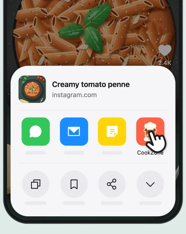 The iPhone share menu, with a finger on CookZone in the row of apps