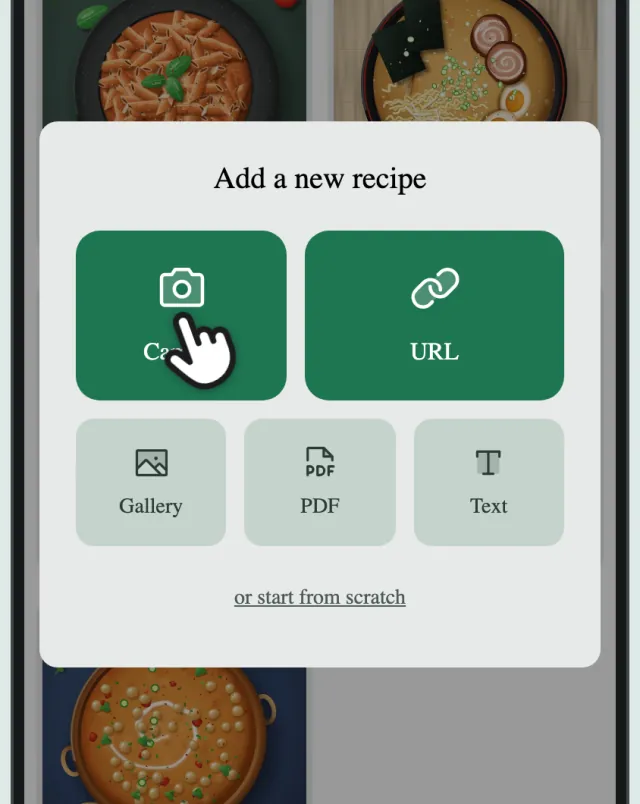 The Add a new recipe sheet, with a finger on Camera