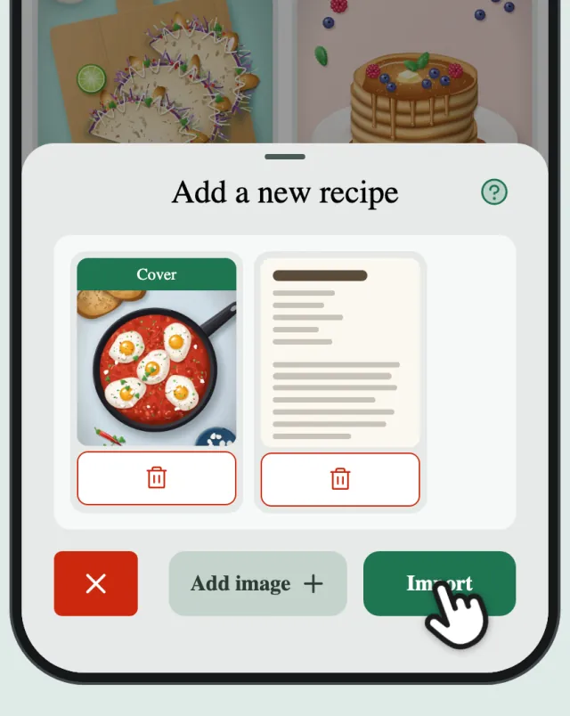 The scanned pages with the dish photo marked as the cover, and a finger on Import