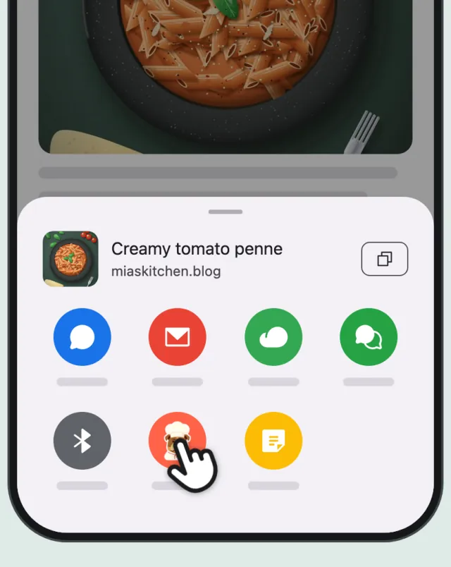 The Android share menu, with a finger holding the CookZone icon