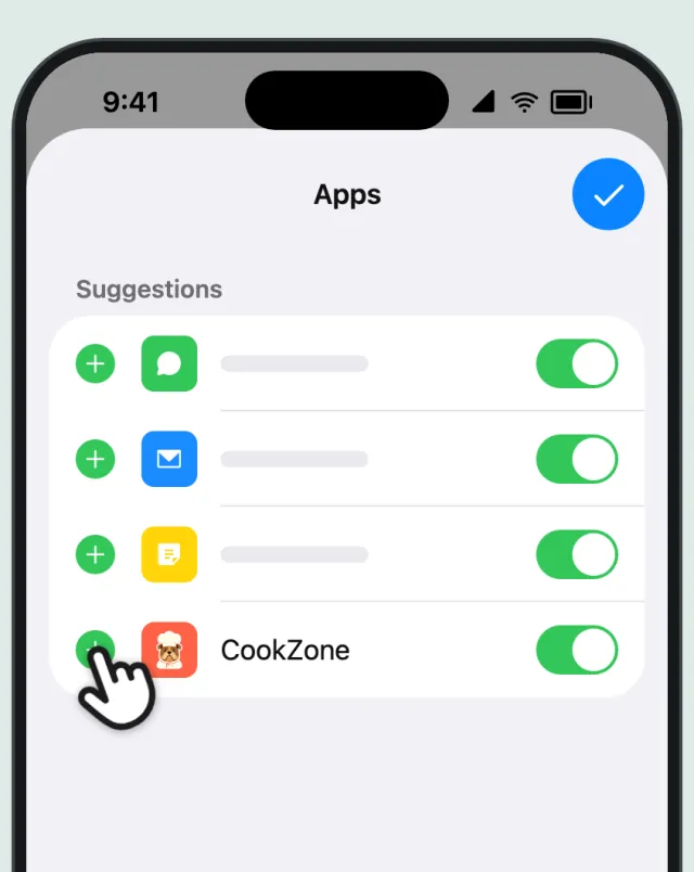 The Apps list in edit mode, with a finger on the green plus next to CookZone