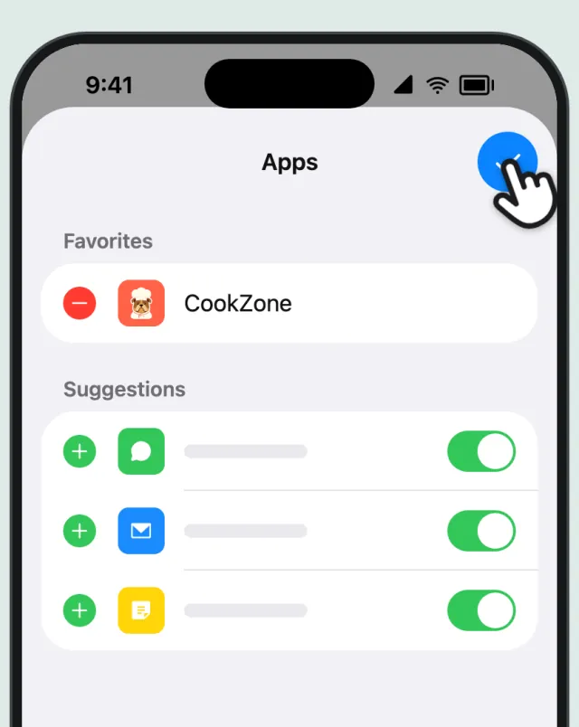 The Apps list with CookZone under Favorites, and a finger on the tick