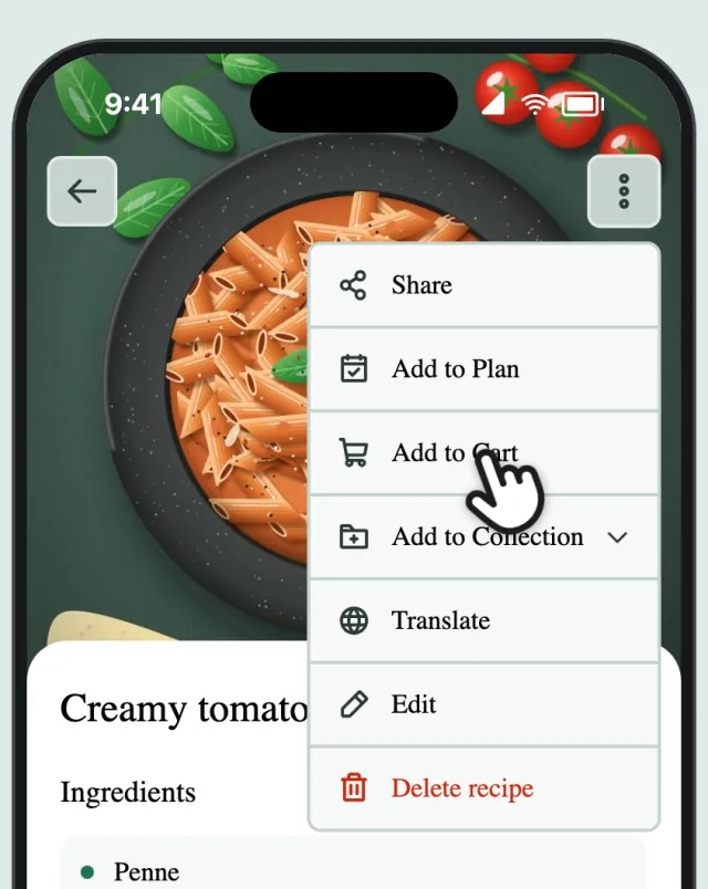 The recipe menu, with a finger on Add to Cart