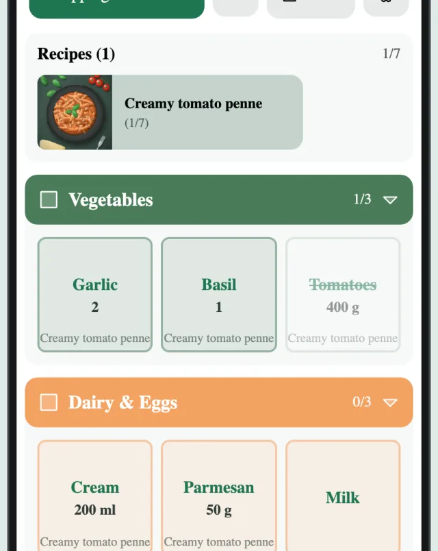 The shopping list with Tomatoes ticked off at the end of Vegetables