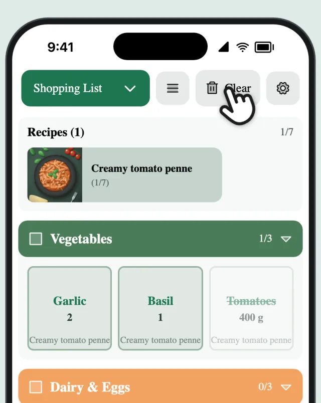 The shopping list, with a finger on Clear
