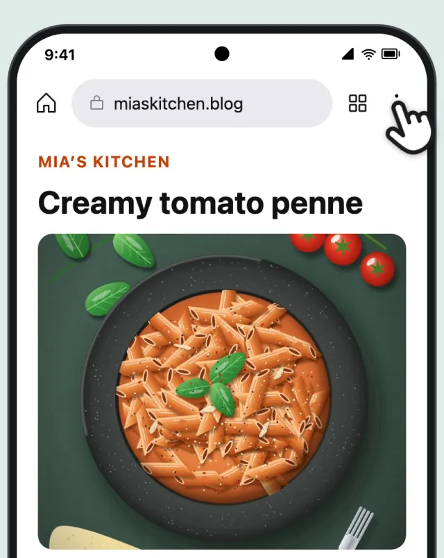 A recipe page in Chrome, with a finger on the three-dot menu in the top right