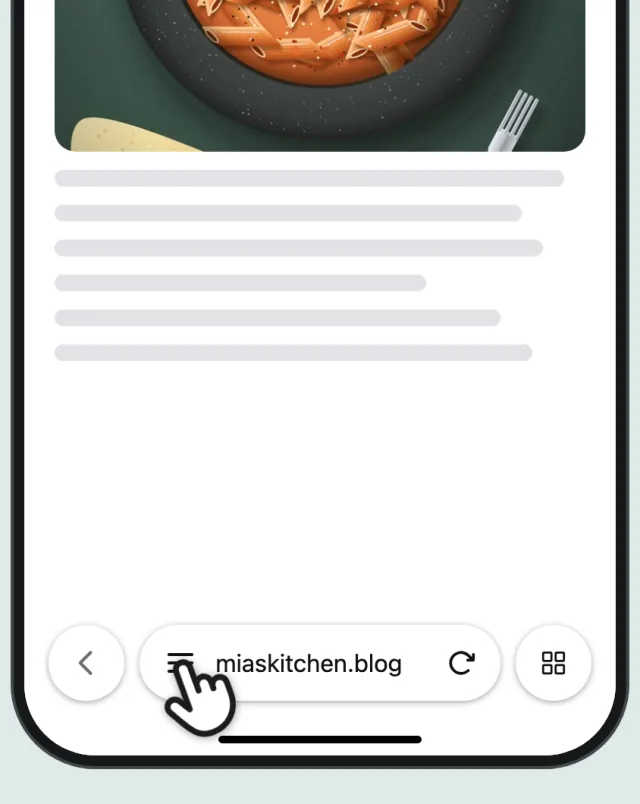 A recipe page in Safari, with a finger on the menu button next to the address