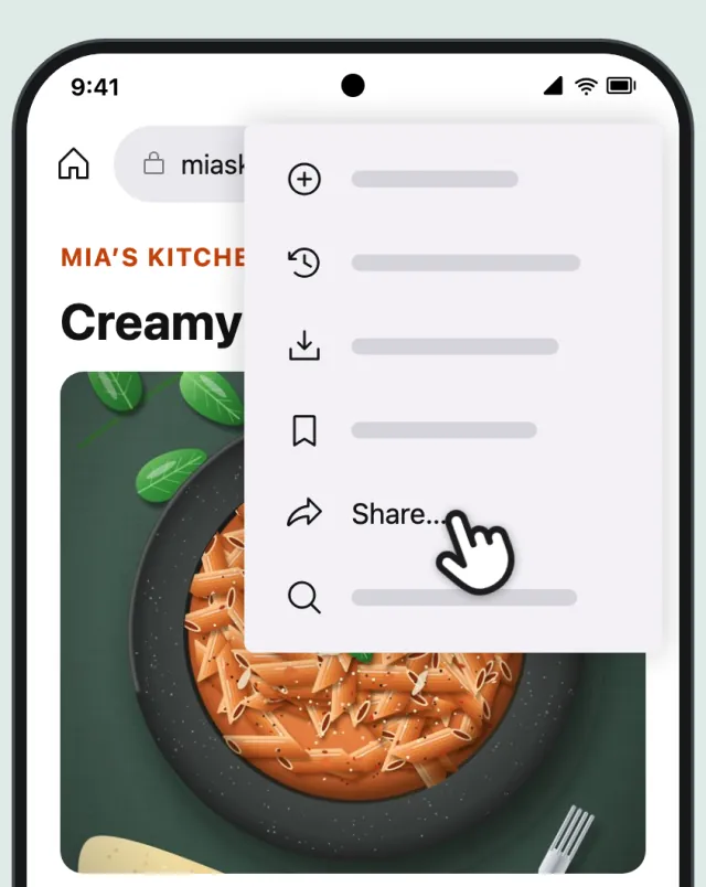 Chrome’s menu, with a finger on Share…
