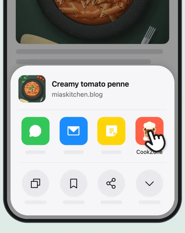 The iPhone share menu for the recipe page, with a finger on CookZone