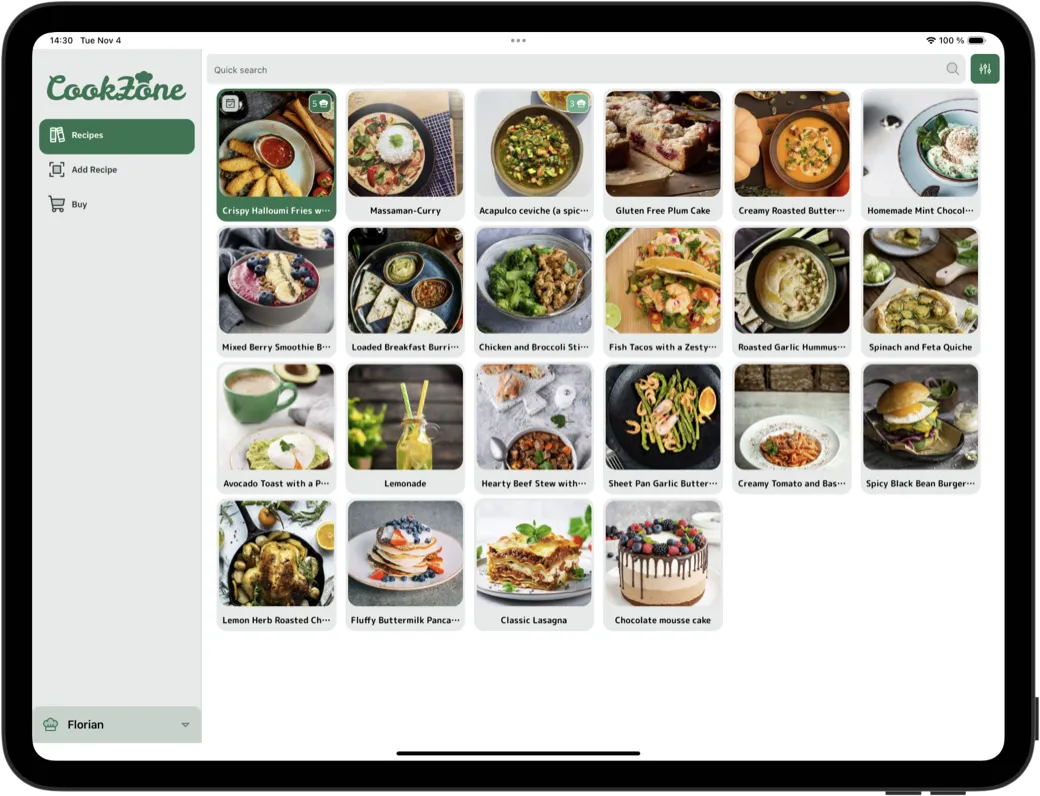 CookZone recipe detail view on tablet
